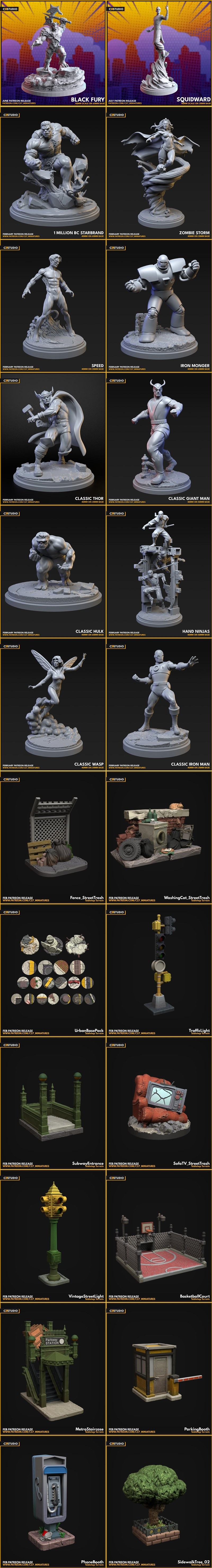 Collection of four fantasy miniatures: Psychic Vamp with sphere, Immortal Cleaver with axe, Killer Ballerina in mid-l...