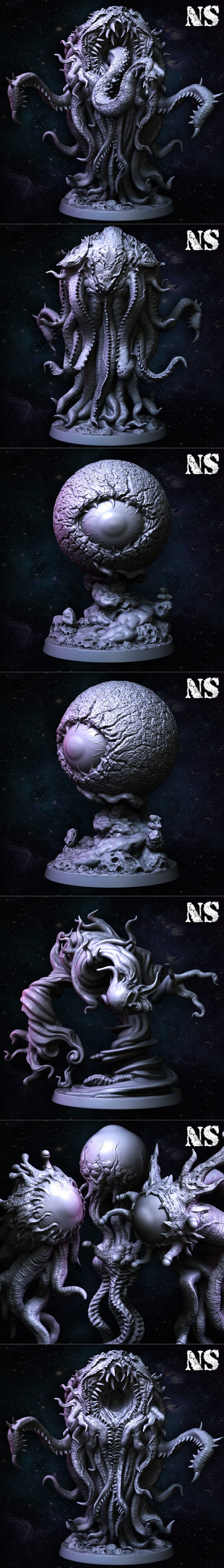 Collection of eldritch horror miniatures: Azathoth with tentacles and mouth, Servitors, Flying Polyps, Chroth (eyebal...