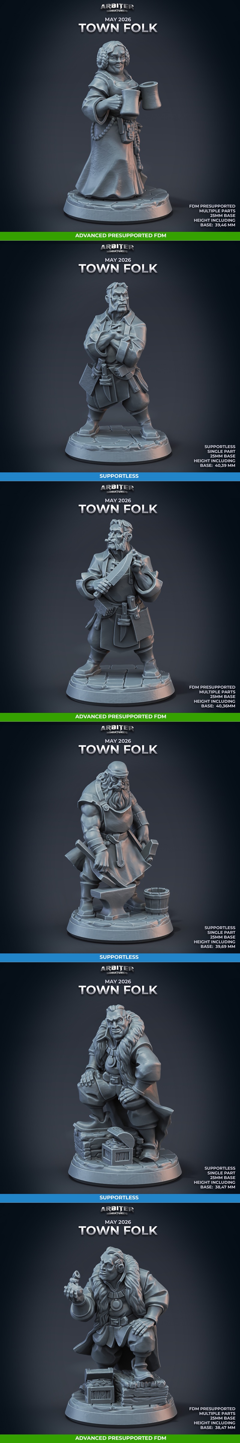 Collection of fantasy town folk miniatures: blacksmith with anvil, tavern keeper with mugs, and other villagers. Arbi...