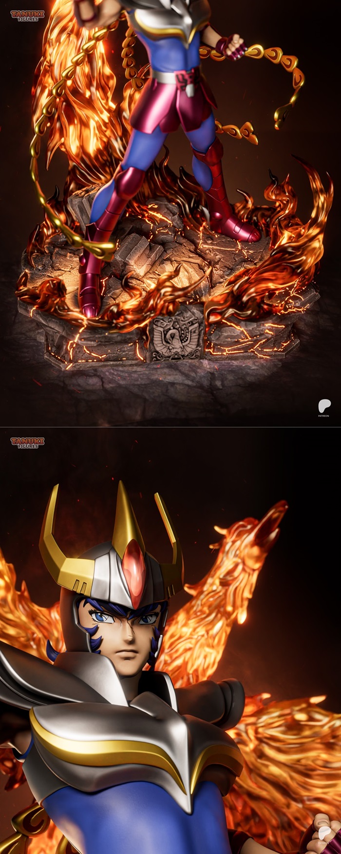 Phoenix Ikki figure from Saint Seiya, posed heroically with large, fiery phoenix wings and flames erupting from a roc...