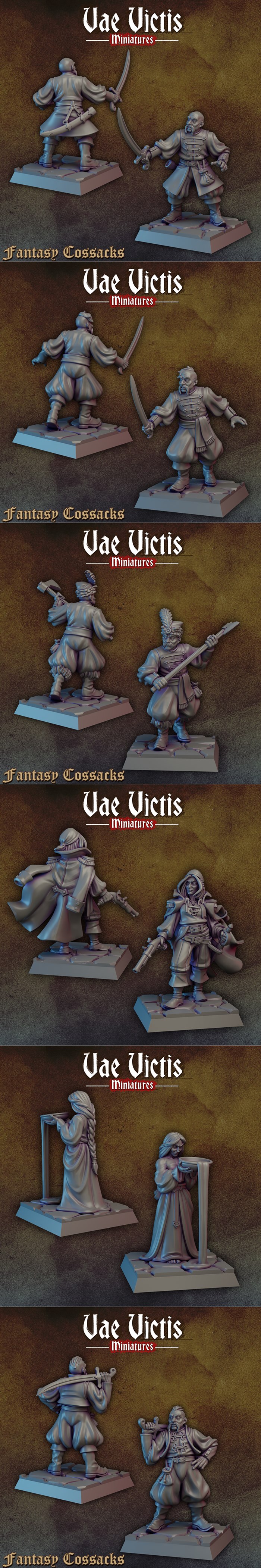 Collection of fantasy Cossack miniatures by Vae Victis Miniatures, shown on square bases with various weapons and armor.