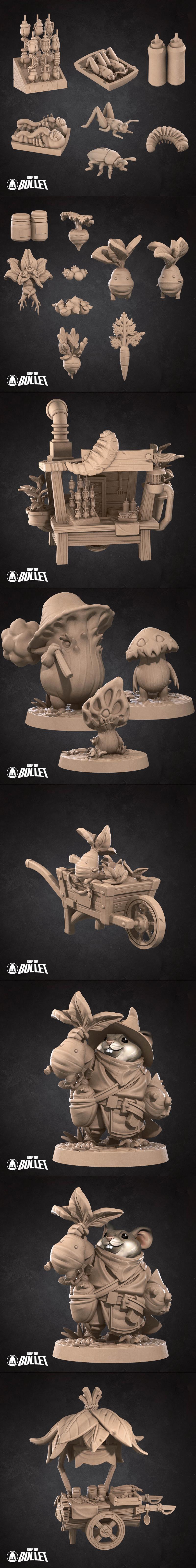 Collection of Bite the Bullet 3D printable miniatures: anthropomorphic alligator warrior with skull motifs, and a fem...