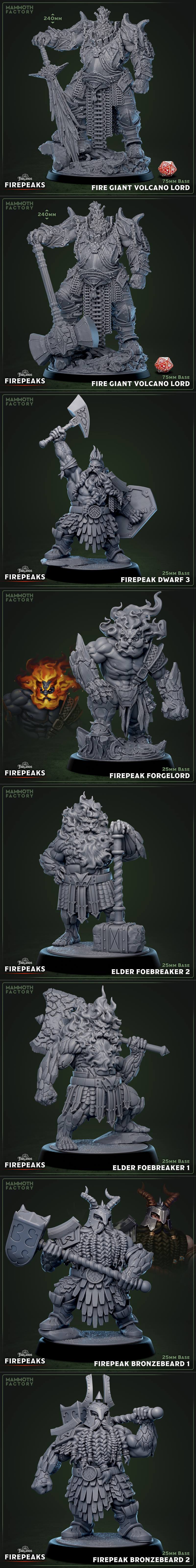 Collection of fantasy 3D printable miniatures: Fire Giants, Dwarves, and monsters from Mammoth Factory's Farlands Fir...