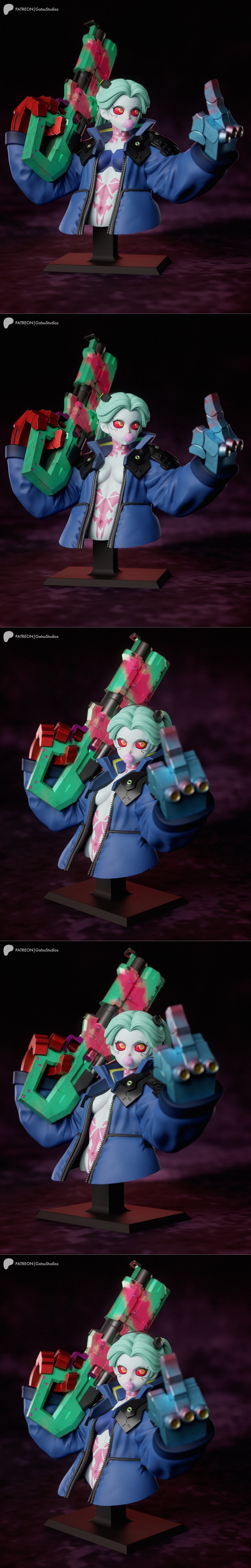 Rebecca bust from Cyberpunk Edgerunners, mint green hair, red eyes, bubblegum, blue jacket, holding a green and pink...