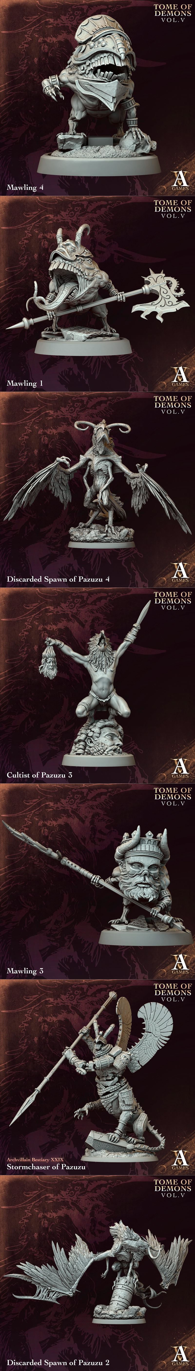 Collection of dark fantasy miniatures: a winged warrior with a staff, a winged demoness holding a child, and a female...