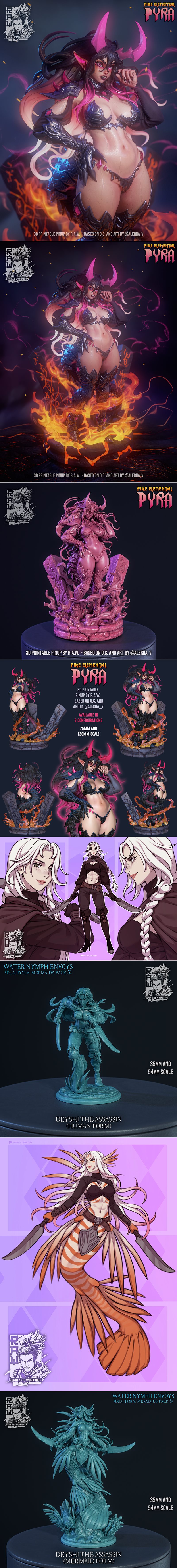 Collection of fantasy 3D printable figures from Ronin Arts Workshop, featuring mermaids, a demoness with horns, and o...