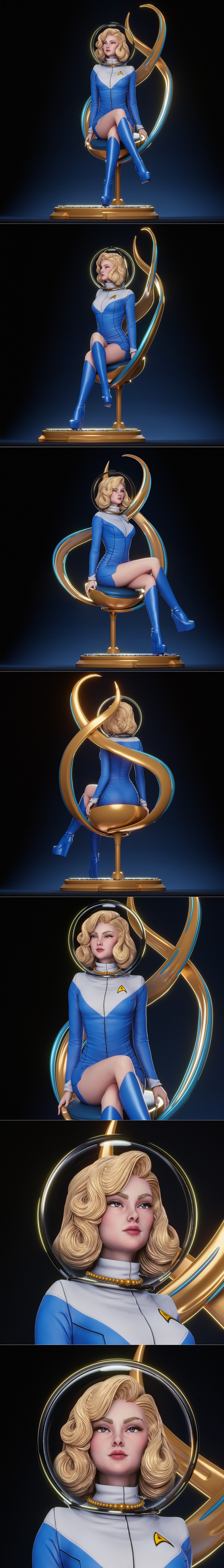 3D model of a blonde woman in a blue and white Starfleet uniform, wearing a bubble helmet and blue boots, seated on a...