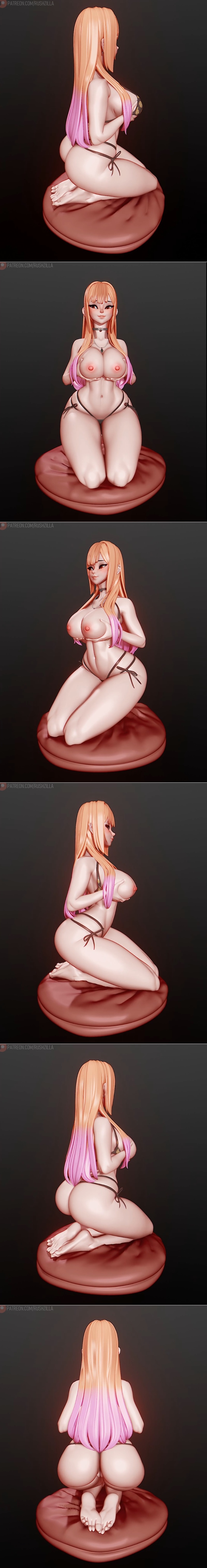 Marin Kitagawa kneeling on a plush cushion, wearing a floral bikini. Long blonde and pink hair, detailed body sculpt.