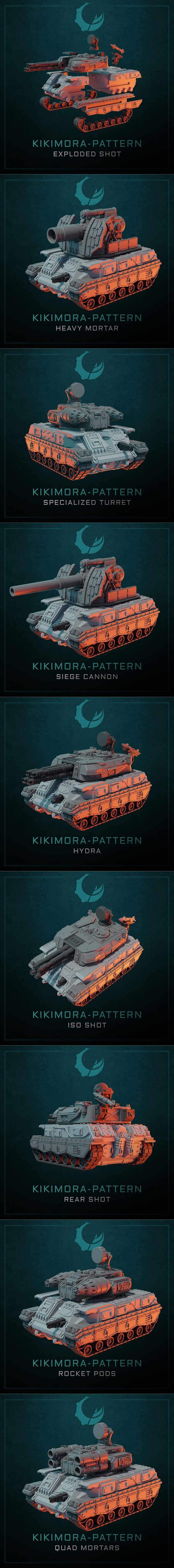 Three Kikorima-Pattern sci-fi tanks: one with a large artillery cannon, one with multiple missile pods, and one with...