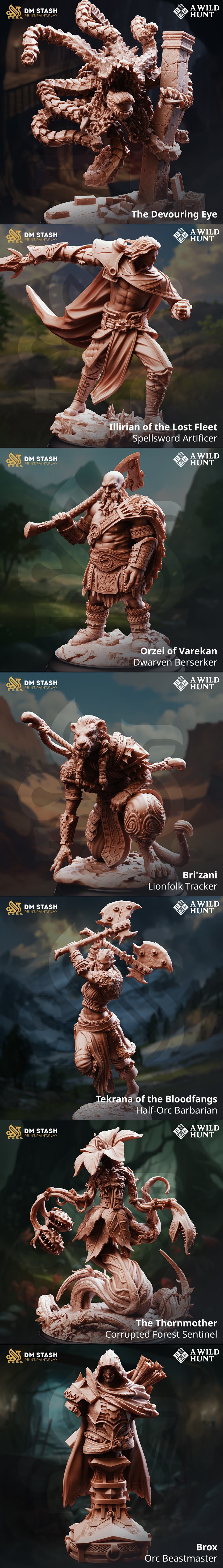 3D printable miniatures including a Sun Elf Snake Sorceress with a staff, a large dragon, an ogre, and various fantas...