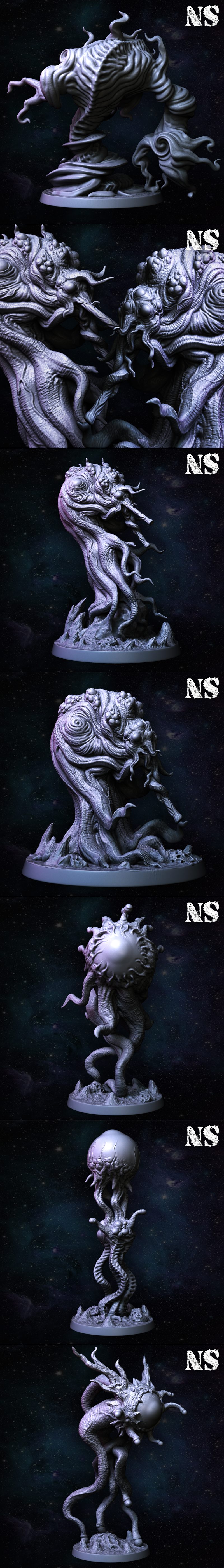 Collection of eldritch horror miniatures: Azathoth with tentacles and mouth, Servitors, Flying Polyps, Chroth (eyebal...