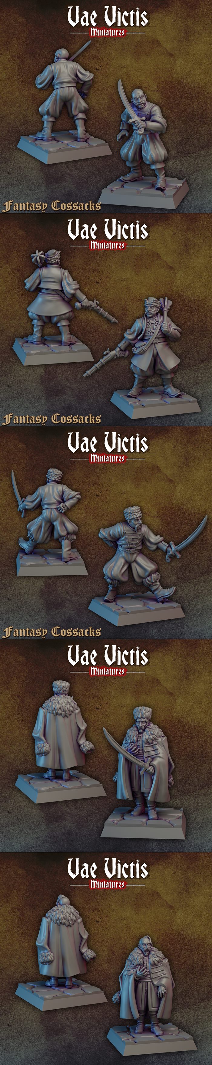 Collection of fantasy Cossack miniatures by Vae Victis Miniatures, shown on square bases with various weapons and armor.