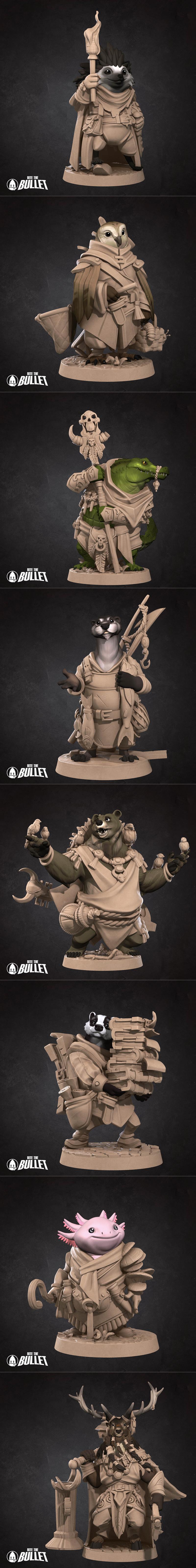 Collection of Bite the Bullet 3D printable miniatures: anthropomorphic alligator warrior with skull motifs, and a fem...