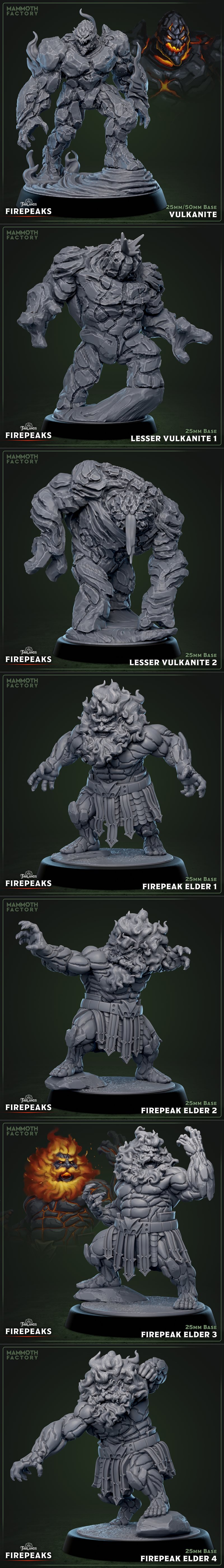 Collection of fantasy 3D printable miniatures: Fire Giants, Dwarves, and monsters from Mammoth Factory's Farlands Fir...