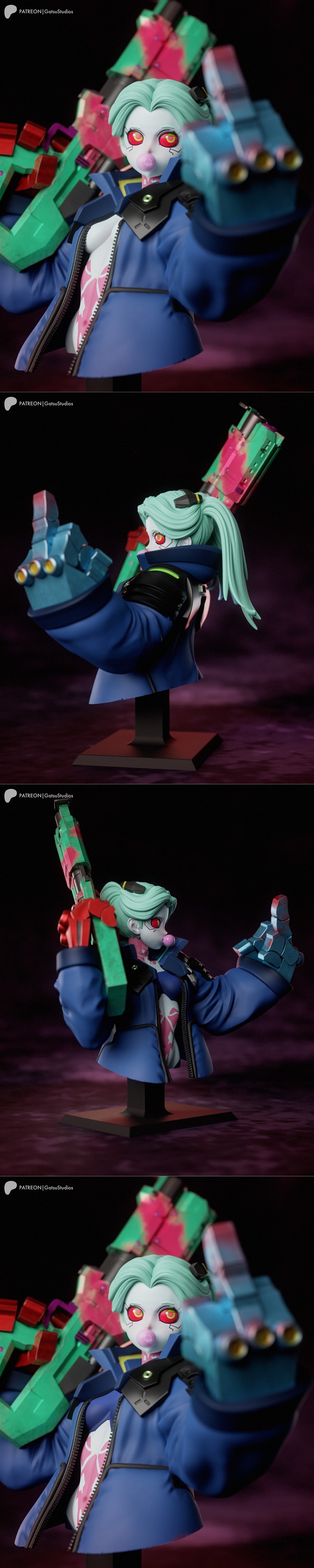 Rebecca bust from Cyberpunk Edgerunners, mint green hair, red eyes, bubblegum, blue jacket, holding a green and pink...