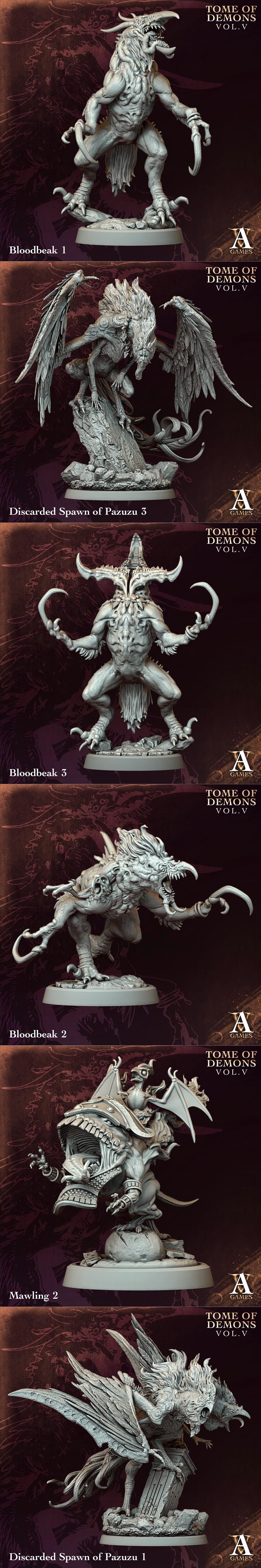 Collection of dark fantasy miniatures: a winged warrior with a staff, a winged demoness holding a child, and a female...