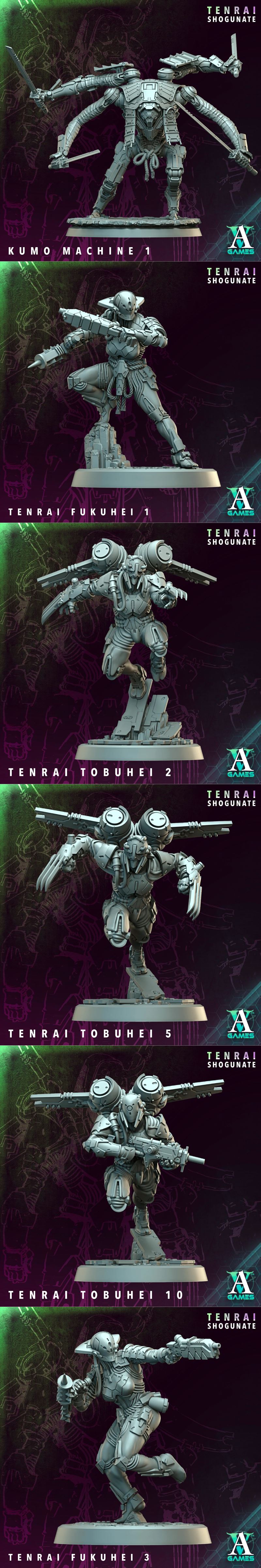 Collection of sci-fi samurai miniatures: Tobuhei Kyoshi with multiple arms and guns, Tenrai Tobuhei 6 in combat pose,...
