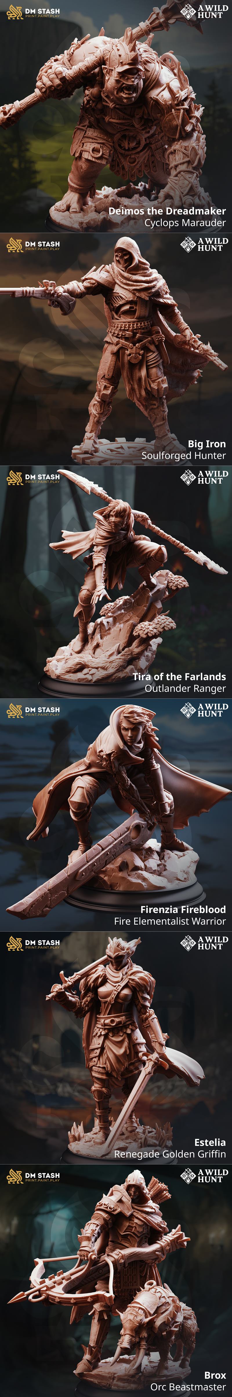 3D printable miniatures including a Sun Elf Snake Sorceress with a staff, a large dragon, an ogre, and various fantas...