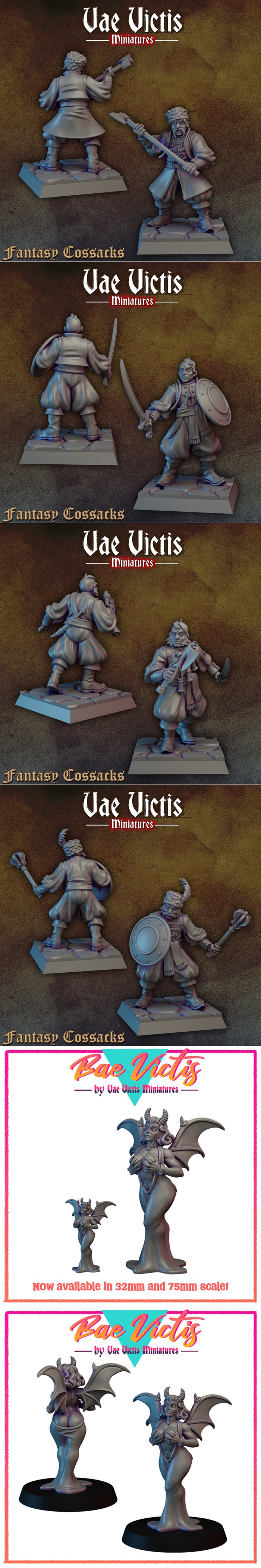 Collection of fantasy Cossack miniatures by Vae Victis Miniatures, shown on square bases with various weapons and armor.