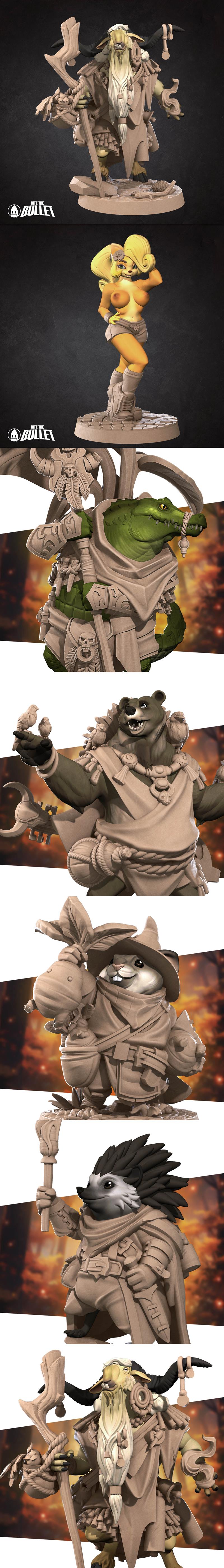 Collection of Bite the Bullet 3D printable miniatures: anthropomorphic alligator warrior with skull motifs, and a fem...