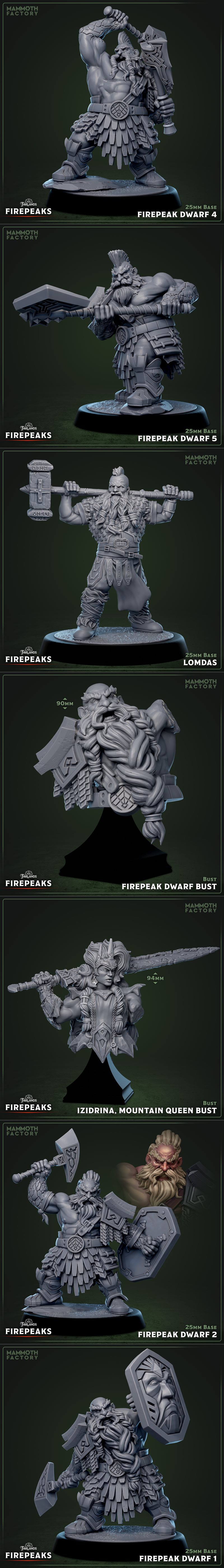 Collection of fantasy 3D printable miniatures: Fire Giants, Dwarves, and monsters from Mammoth Factory's Farlands Fir...