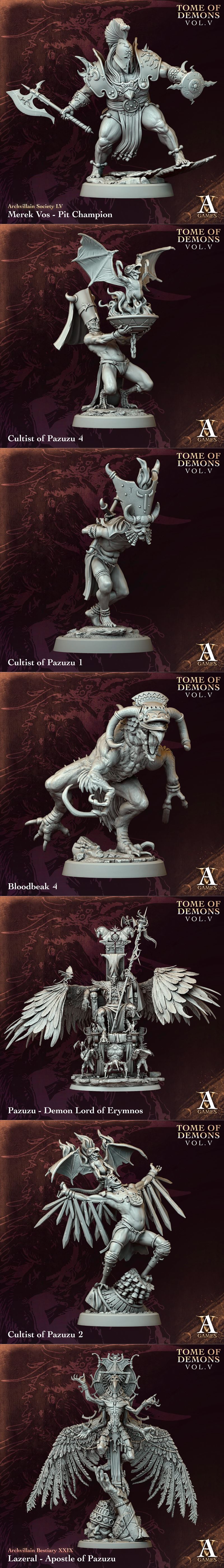 Collection of dark fantasy miniatures: a winged warrior with a staff, a winged demoness holding a child, and a female...