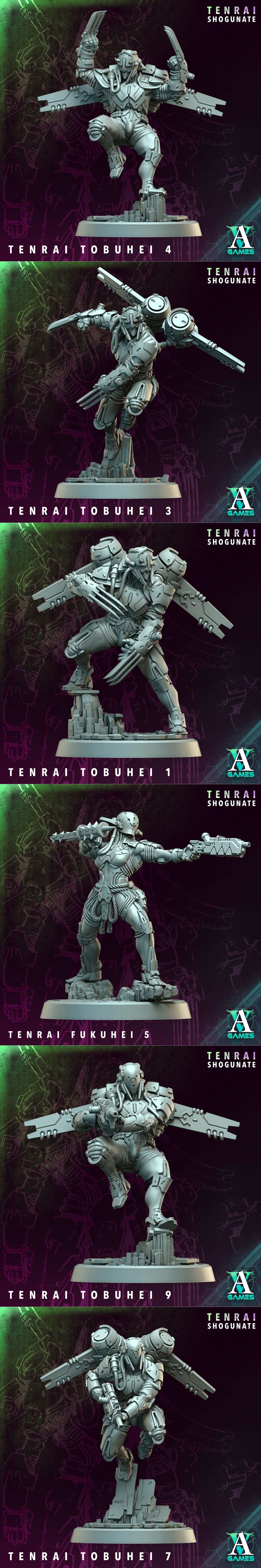 Collection of sci-fi samurai miniatures: Tobuhei Kyoshi with multiple arms and guns, Tenrai Tobuhei 6 in combat pose,...