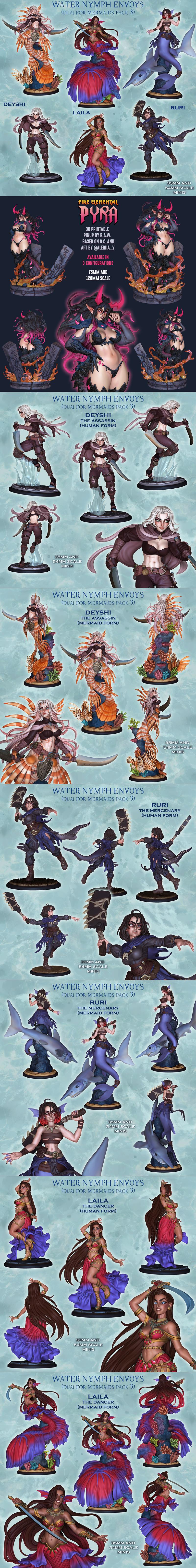 Collection of fantasy 3D printable figures from Ronin Arts Workshop, featuring mermaids, a demoness with horns, and o...