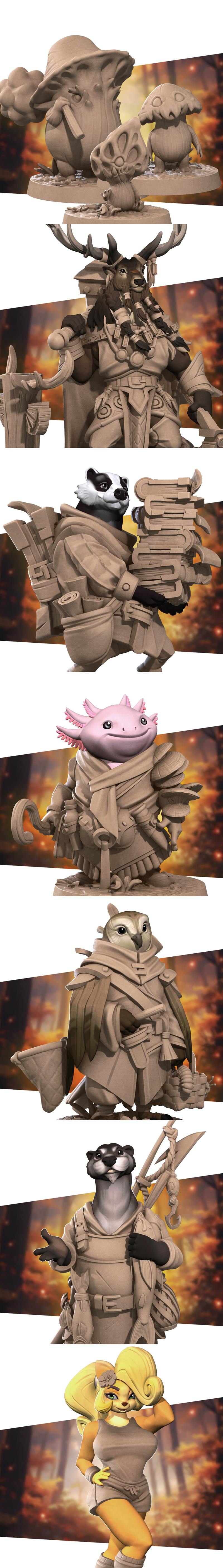 Collection of Bite the Bullet 3D printable miniatures: anthropomorphic alligator warrior with skull motifs, and a fem...