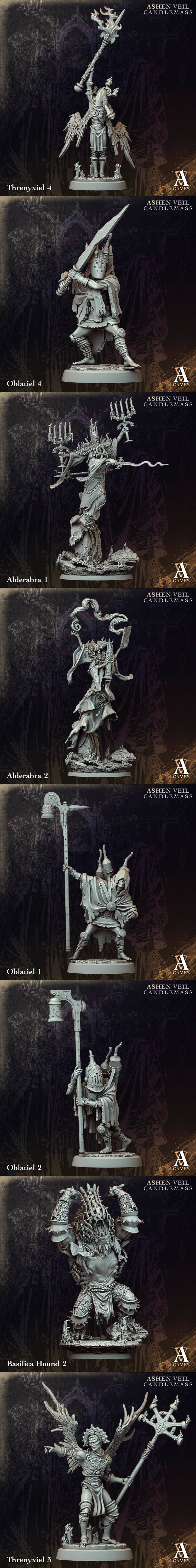 Collection of dark fantasy 3D printable miniatures: a large monster, a monk with a mace, a winged figure, and a group...