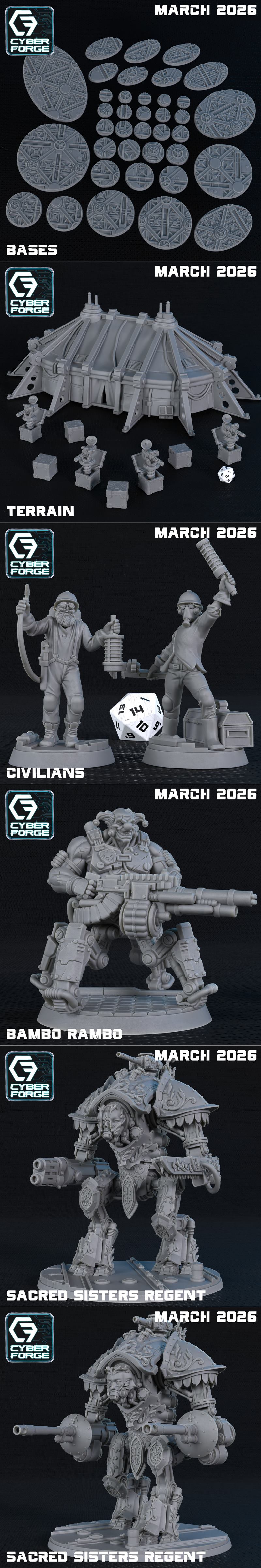 Collection of sci-fi and fantasy 3D printable miniatures from Cyber Forge Miniatures, including soldiers, mechs, a co...