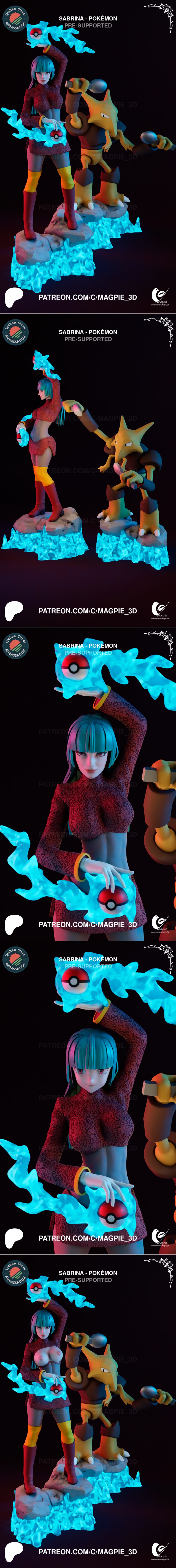 3D model of Sabrina from Pokémon with Alakazam, Sabrina wields blue psychic energy and a Poké Ball, Alakazam holds sp...