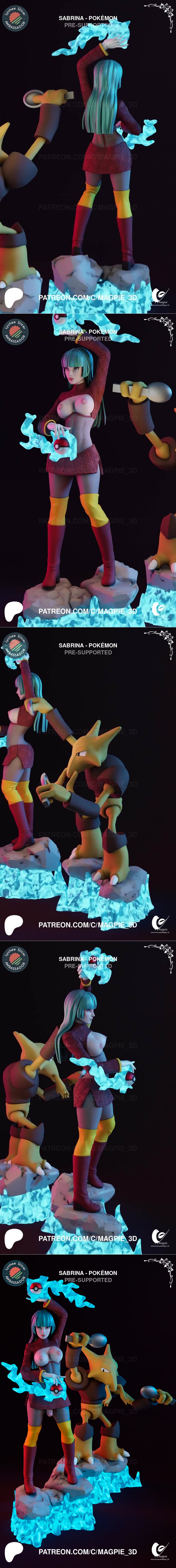 3D model of Sabrina from Pokémon with Alakazam, Sabrina wields blue psychic energy and a Poké Ball, Alakazam holds sp...