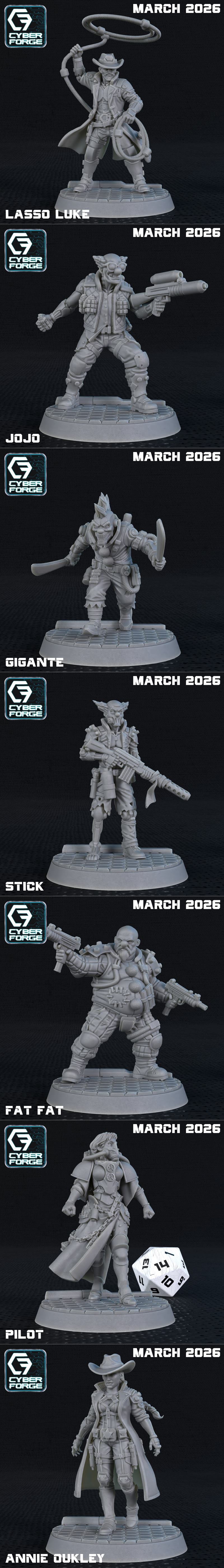 Collection of sci-fi and fantasy 3D printable miniatures from Cyber Forge Miniatures, including soldiers, mechs, a co...