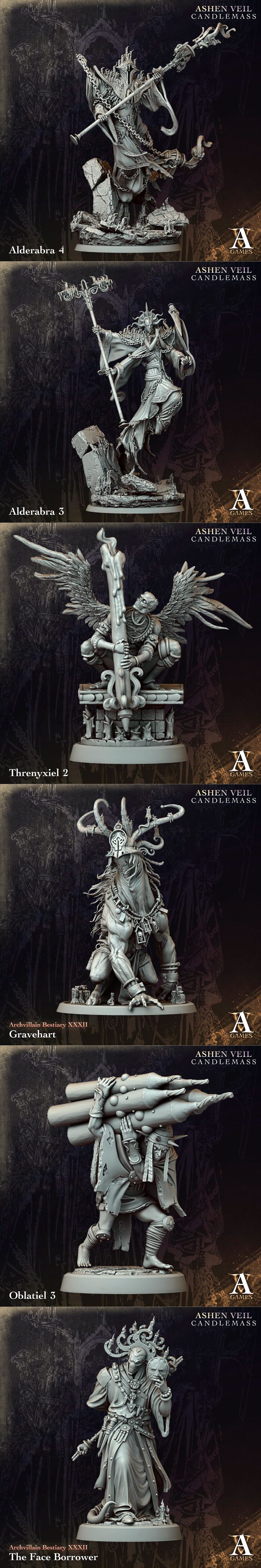 Collection of dark fantasy 3D printable miniatures: a large monster, a monk with a mace, a winged figure, and a group...
