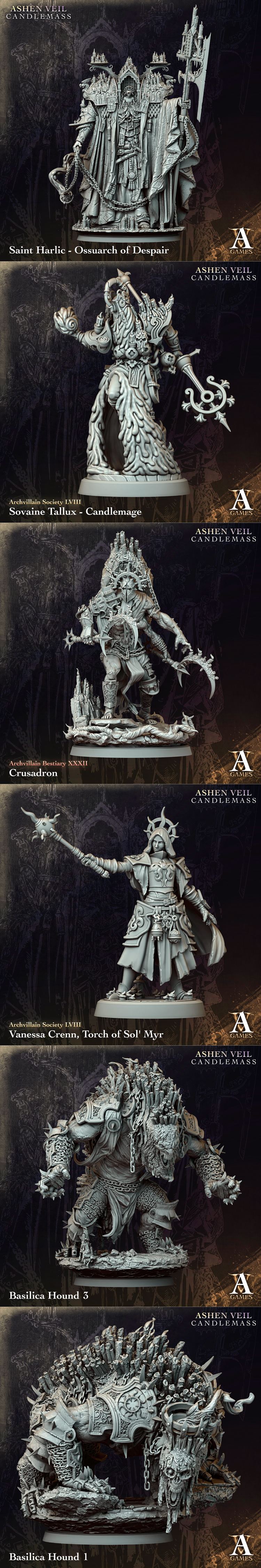 Collection of dark fantasy 3D printable miniatures: a large monster, a monk with a mace, a winged figure, and a group...