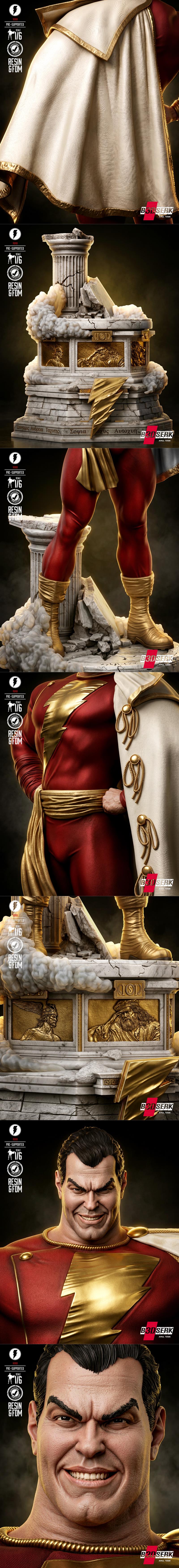 Shazam superhero figure in red and gold costume with white cape, standing on a classical Greek-style base with clouds...