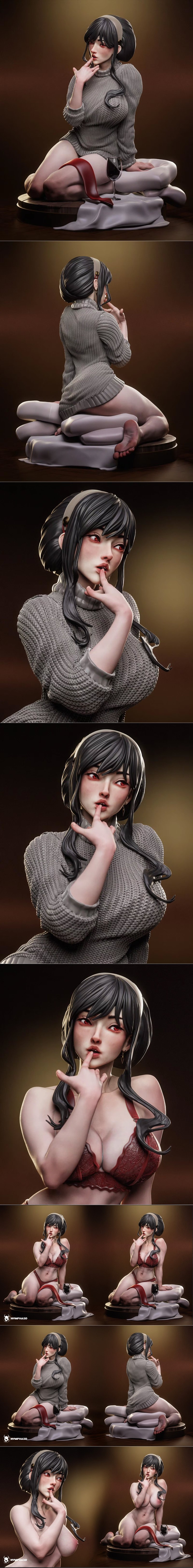 Yor Forger from Spy x Family wearing a grey sweater, seated with a glass of wine. Nympha studio 3D model.