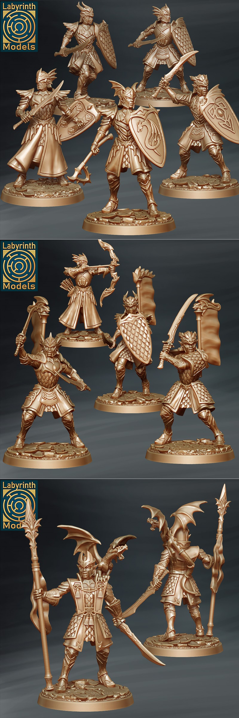 Collection of golden-bronze 3D printed elf miniatures with swords and bows, on textured bases. Some figures hold bann...