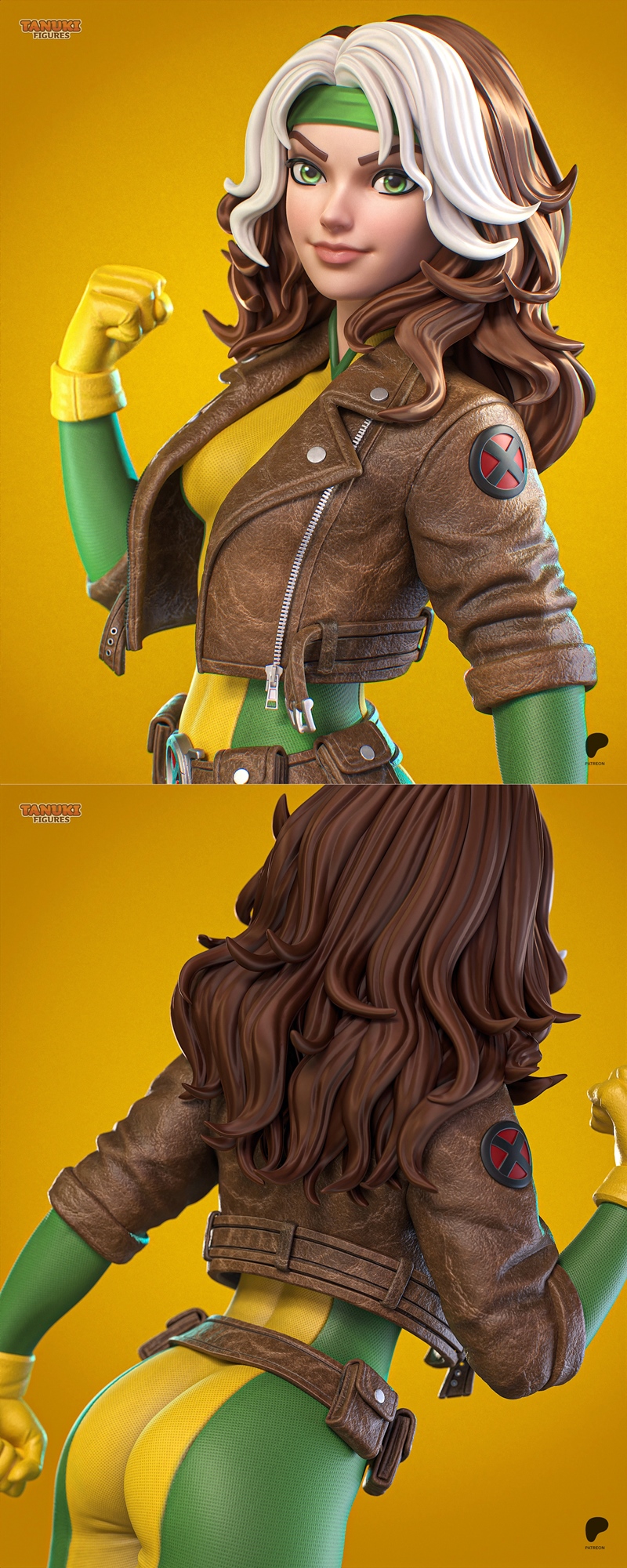 Tanuki Figures 3D model of Rogue from X-Men, depicted in a toon style with green and yellow costume, brown leather ja...