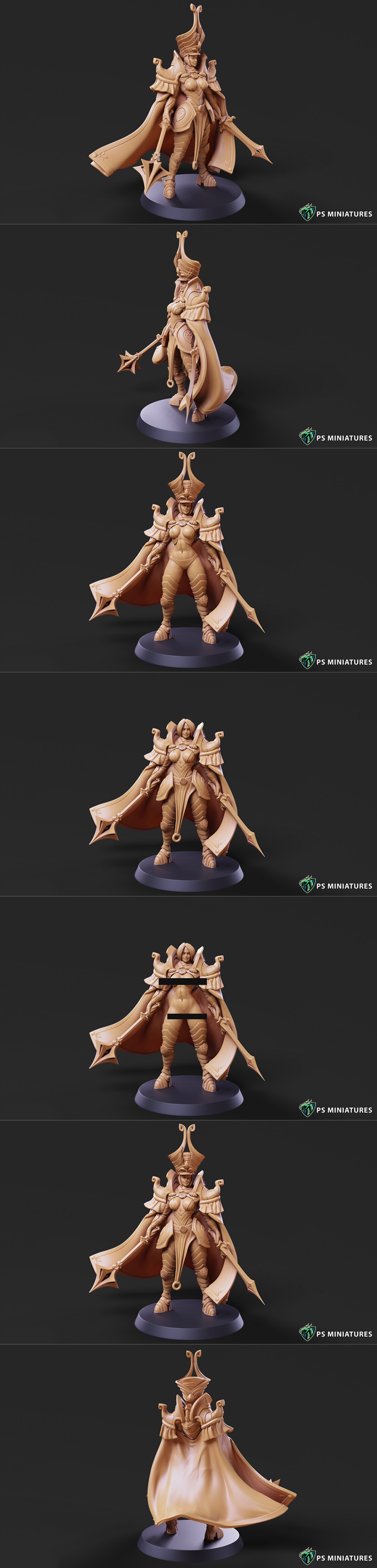 Female Sanctum Guardian in ornate armor and cape, holding a staff. Two variants and a pinup version are shown. PSMini...