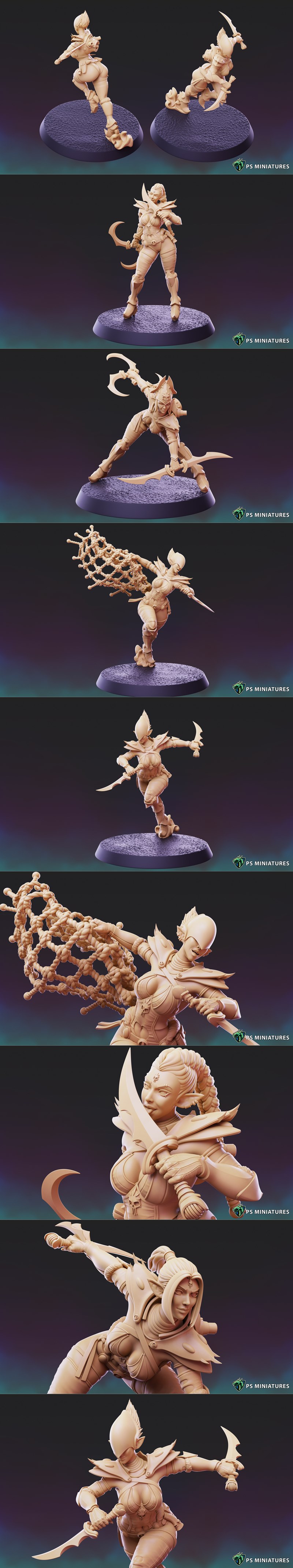 Collection of dark space elf witch miniatures with curved blades and elaborate armor, presented on textured bases by...