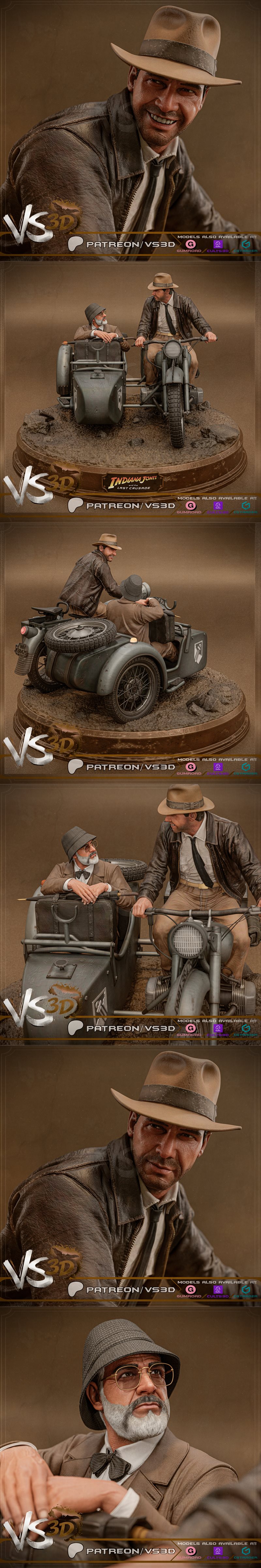 Indiana Jones character riding a motorcycle with a sidecar, featuring another character in the sidecar. VS3D logo and...