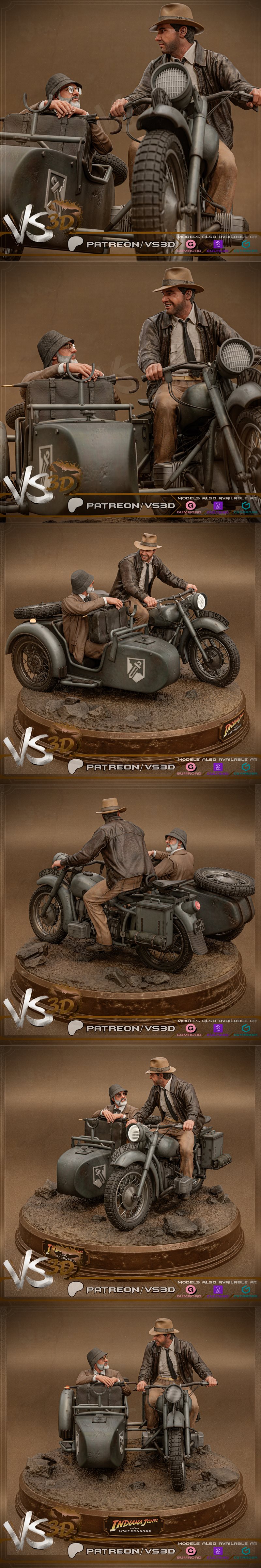 Indiana Jones character riding a motorcycle with a sidecar, featuring another character in the sidecar. VS3D logo and...
