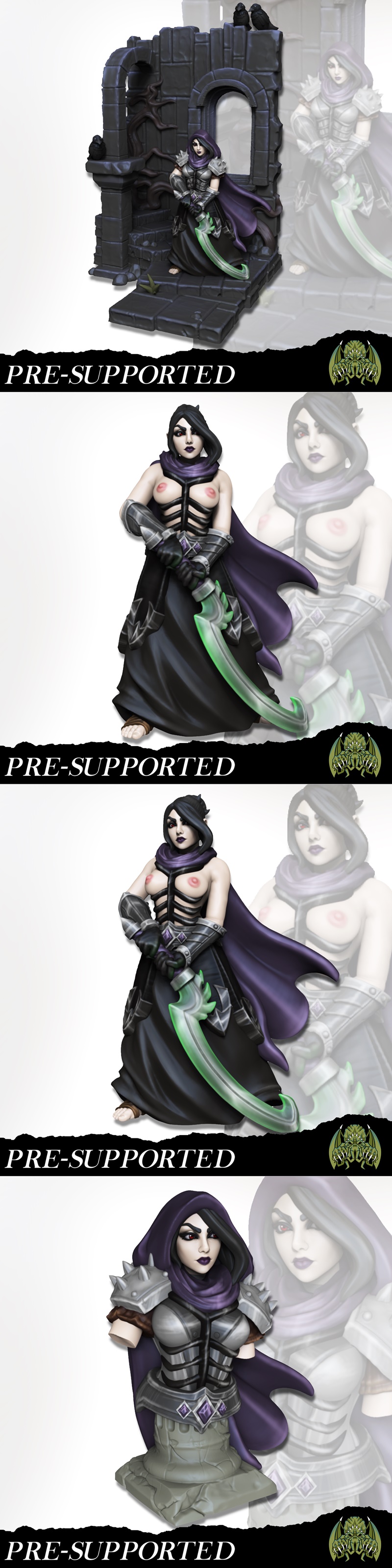 Hooded female miniature in spiked armor and black robe, holding a glowing green dagger. Dark fantasy, gothic horror s...