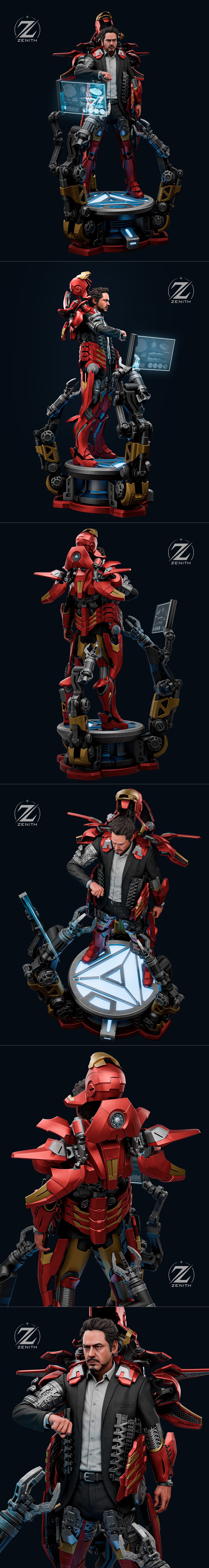Tony Stark figure in a suit, surrounded by red and gray Iron Man armor components, with robotic arms and a holographi...