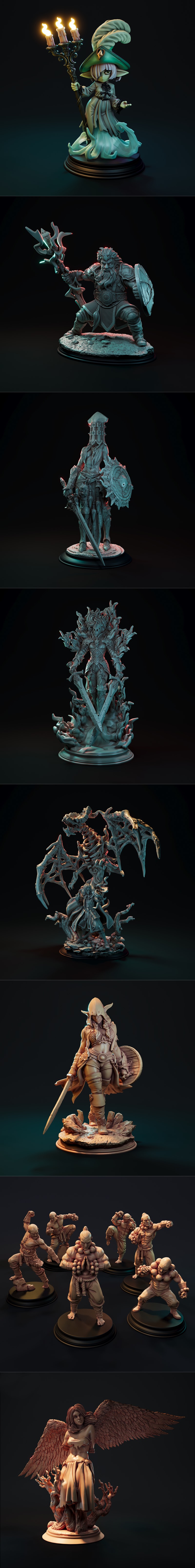Collection of 16 fantasy 3D printable miniatures: a succubus by a portal, a bunny-eared woman with a key, and a gnome...