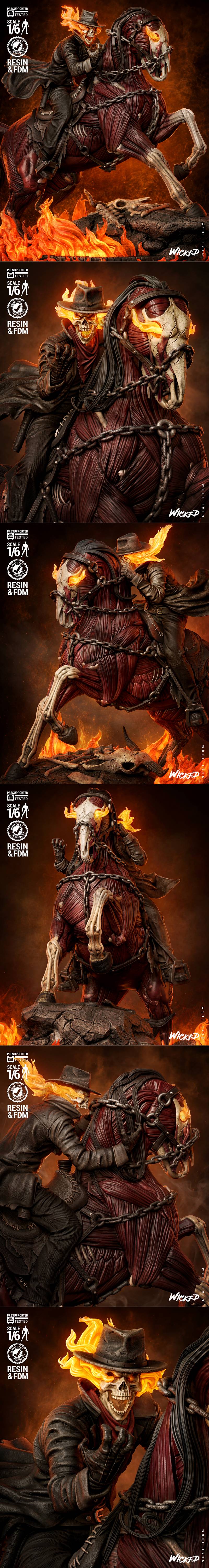 Ghost Rider sculpture on a skeletal horse with exposed musculature, surrounded by flames. The rider wears a hat and l...