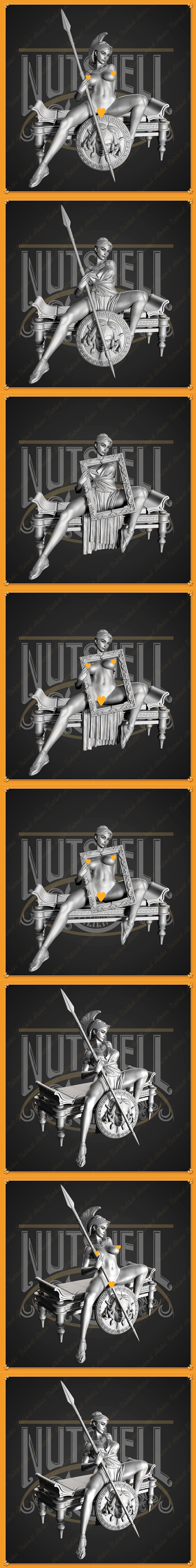 Nutshell Atelier 3D model of Athena, Greek goddess, seated with spear and Medusa shield. Classical attire, ornate ben...