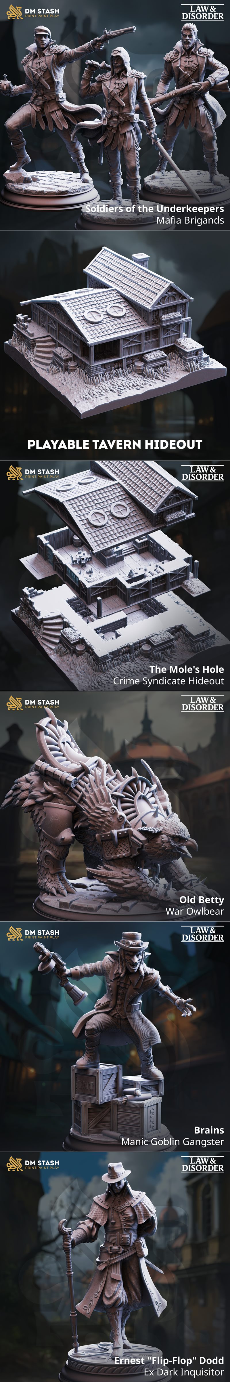 Collection of 19 fantasy 3D printable miniatures from DM Stash, including a War Owlbear, gangsters, rogues, and inqui...